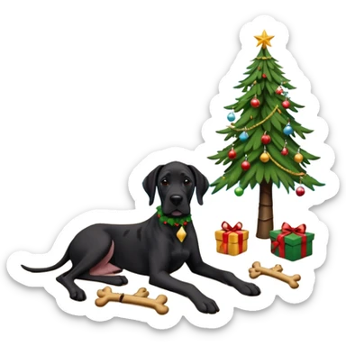 Black (no white) cropped Great Dane laying on a tropical beach with a Christmas tree and dog bones under the tree sticker