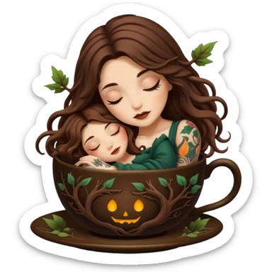 cute forest witch woman long wavy brown hair tattoos sleeping inside teacup sticker