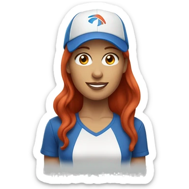 front facing standing female coach with long red hair, wearing a white t-shirt and a simple blue hat sticker