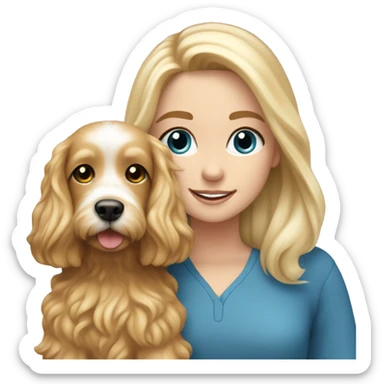 White blond girl with long hair and blue eyes petting a cavapoo dog sticker