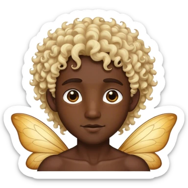 Make an emoji of a fairy with curly blonde hair mixed with black and brown eyes, the character has to be a man and with skin tones dark-hairedMake an emoji of a fairy with curly blonde hair mixed with black and brown eyes, the character has to be a man and with skin tones dark-haired sticker