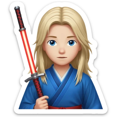 A 14 year old with red glowing katana and his hair be long and eye colour of blue with beautiful background sticker