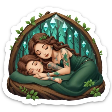 cute forest witch woman long wavy brown hair tattoos napping on crystal sticker