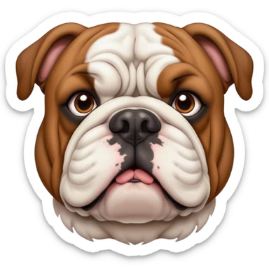 Cinematic Noble Brown and White English Bulldog Portrait Emoji, Poised and regal, with a robust, muscular build and a short, well-groomed coat of rich brown and white, deep-set soulful brown eyes, Simplified yet sharp and sophisticated features, highly detailed, glowing with a soft, dignified glow, high shine, intelligent and steadfast, stylized with an air of authority, focused and attentive, soft glowing outline, capturing the essence of a watchful and confident guardian, so majestic it feels as though it could lumber out of the screen with effortless authority! sticker