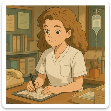 Étudiante infirmière en style Ghibli, travaillant dans un poste de soin, portant un uniforme blanc à manches courtes sans pied de col ni stéthoscope, haut de type tunique médicale avec col en V et poche poitrine à gauche, pas de tissu dépassant des manches, inspirée de la personne sur la photo, ambiance chaleureuse et collaborative. sticker