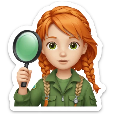 braid orange haired girl kid in green explorer outfit, holding magnifying glass sticker
