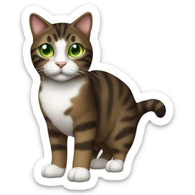 Realistic dark brown tabby cat with white chin, white chest, and green eyes sticker