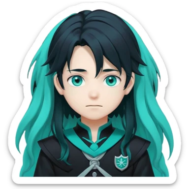 Tokito Muichiro emoji style — calm boy with long black hair fading mint green, turquoise eyes, pale skin, dreamy face, wearing dark Demon Slayer uniform, black + teal tone, anime cute clean style. sticker