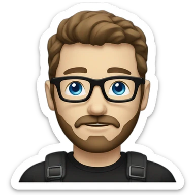 White man with blue eyes and dark brown hair, styled sideways backwards. He has a beard and mustache trimmed and wears a black t-shirt and vintage glasses. sticker