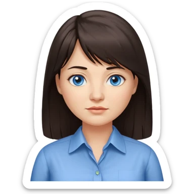 40 yr old woman, blue eyes, long straight dark brown hair, business shirt, chubby, bangs, long hair sticker
