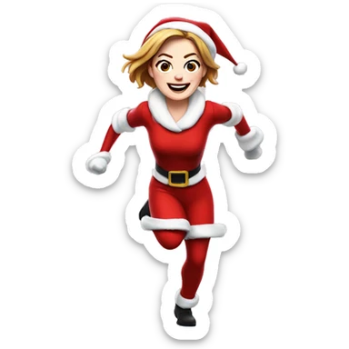 Emma Stone running emoji, with a large stride and arms outstretched, in a santa costume sticker