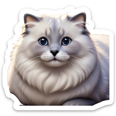 Cinematic Adorable Fluffy Grey Seal Ragdoll Cat Portrait Emoji, Head tilted cutely with big, sparkling eyes, soft grey fur with darker seal points on the ears, face, and paws, Simplified yet irresistibly adorable features, highly detailed, glowing with a soft, warm glow, high shine, affectionate and playful, stylized with a touch of whimsy, bright and endearing, soft glowing outline, capturing the essence of a curious and loving kitten, so cute it feels like it could leap out of the screen and snuggle up for a cuddle! sticker