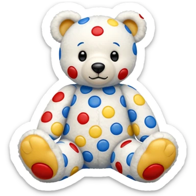 White teddy bear covered with blue, red and yellow spots and square dots on the feet sticker