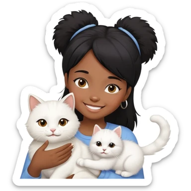 Black girl with straight hair playing with a cat sticker