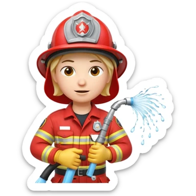 A 3D Apple-style emoji character dressed as a firefighter in a bright red uniform and helmet, holding a fire hose spraying water forward, determined expression with cartoonish eyes, water splashing effect, clean minimal background sticker