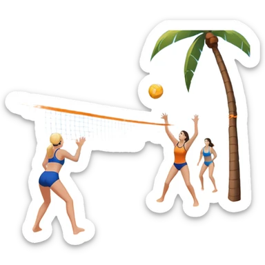 A volleyball resting on the orange sand of a beach, with a volleyball net in the background. The scene includes a beautiful beach landscape with blue sea, sky, and palm trees, while a couple of women in swimsuits play in the distance, capturing the relaxed yet competitive vibe of beach volleyball. sticker