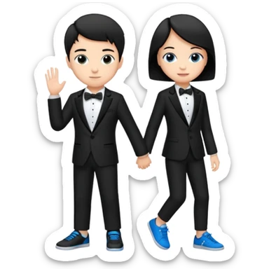 generate a pretty bratz fair skinned boy with short black hair wearing a black tux with blue sneakers with a girl sticker