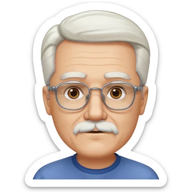 old guy, swept back white hair, blocky face, rectangle frame glasses, goatee sticker