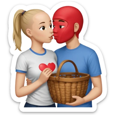 Bald boy with basket t-shirt kissing a brunette girl who has a ponytail sticker