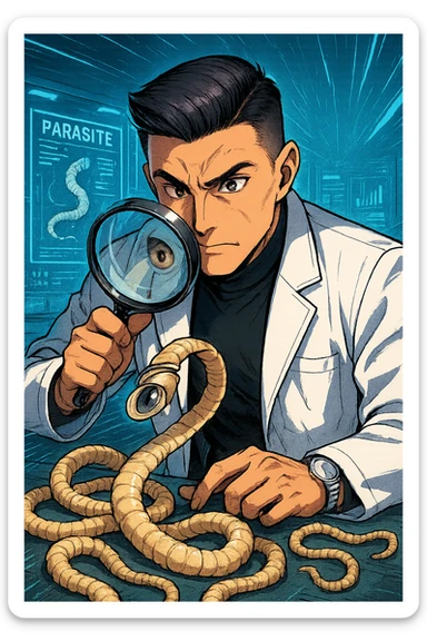 A dynamic manga/webtoon-style illustration of a young male kinesiologist wearing a clean white lab coat, analyzing light beige worms like a tapeworm under a magnifying glass. His expression is focused and slightly intrigued, with sharp, detailed eyes. The art style is vibrant, with bold linework, rich colors, and dramatic lighting. The background is a futuristic laboratory with glowing holographic screens displaying parasite data. The tapeworm is intricately drawn, slimy and segmented, with a slightly exaggerated yet realistic texture. The composition is dynamic, with motion lines or energy effects to emphasize his scientific investigation. The atmosphere is intense but not dark, keeping a balance between scientific seriousness and stylish manga aesthetics sticker
