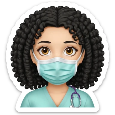 a pretty tan bratz girl with black curly hair. no makeup, looking sick, wearing a mask sticker