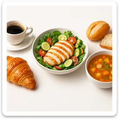 hyperrealistic 4K composition of three main meals on white background: breakfast with coffee and croissant, lunch with salad and chicken, dinner with soup and bread, each dish distinct and appetizing, minimalist style, bright atmosphere, clean and orderly arrangement sticker
