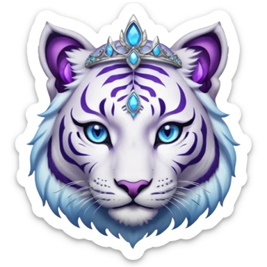 ESO Female white/black tiger khajiit leader of the umbral rose, glowing blue eyes, glowing blue 'third eye' gem; beautiful purple gemmed silver tiara sticker
