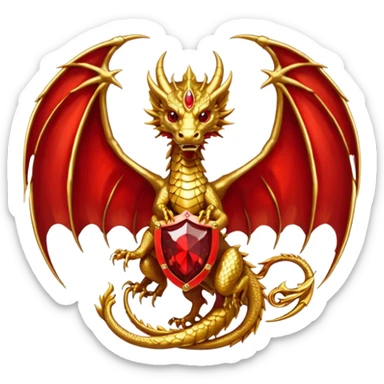 Golden Dragon with wings crest/brosch in a circle with red gems sticker