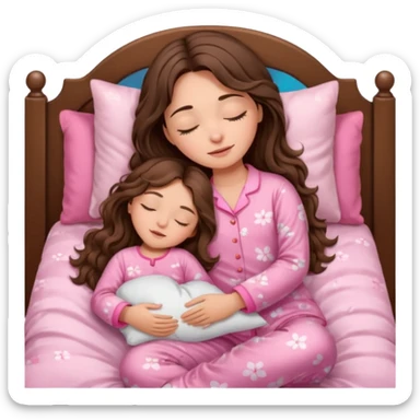Brunette girl with long wavy brown hair with brown eyes and sleeping on a withe bed with cute pink pjs (just one whirl) and with closed eyes sticker