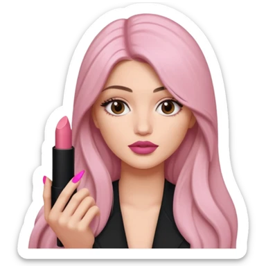 Con el cabello más largo y ojos fajes claro sosteniendo un labial de kylie jenner sticker
