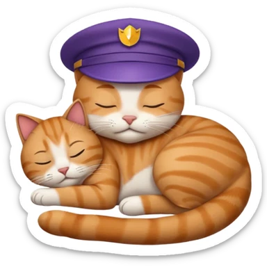 emoji of sleeping cat, its pose is lying, it has on his head FedEx uniform cap sticker