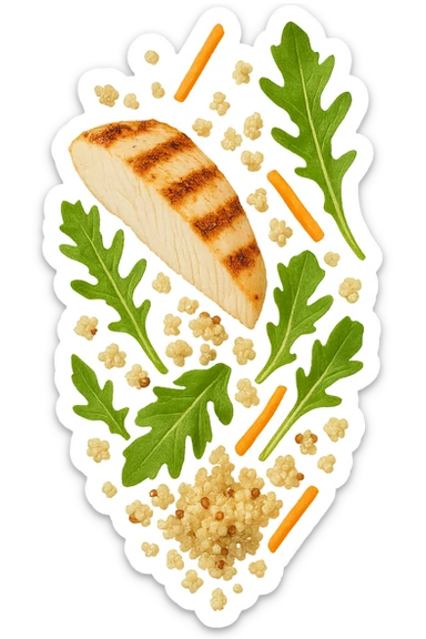 EMOJI STILE IPHONE DI quinoa e pollo con rucola e carote CHE CADONO VERTICALMENTE DALL'ALTO, iperrealistica 4k sticker