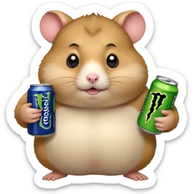 Funny cartoon-style fat hamster with big wide eyes  holding a can of monster energy in one hand and redbull in the other hand sticker