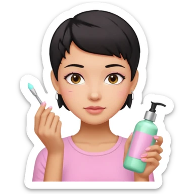 tan girl pink shirt with black hair & a pixie cut no earrings doing cute pastel colors skin care sticker