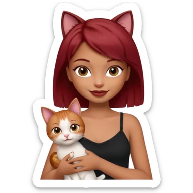 generate a pretty fair bratz girl with short dark red hair holding a cat smiling. Wearing a black cami sticker