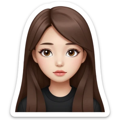 “korean straight long brown hair Emoji girl, soft eyeliner and blush, gradient lips, light brown shimmer eyeshadow sticker