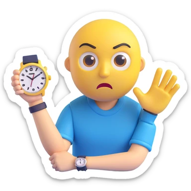 A yellow emoji face with a worried expression, looking at a wristwatch with raised eyebrows, showing urgency and stress sticker