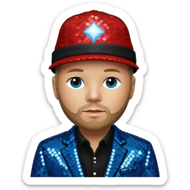 Fred Durst with sequin cream suit jacket with black shirt, red sequin hat, blue eyes, dark blonde hair sticker