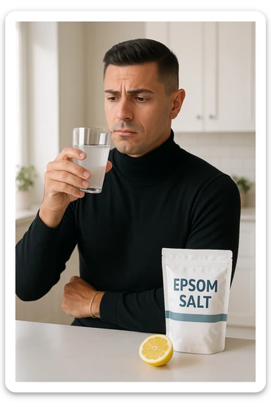 A realistic, bright photo-style image of a young man in his 30s standing in his kitchen, holding a clear glass filled with water in which Epsom salt (magnesium sulfate) has been dissolved. He looks focused but slightly uncertain as he prepares to drink it for a liver flush or digestive cleanse. The glass shows slight cloudiness from the dissolved salt. On the counter are a packet labeled 'Epsom Salt' and a sliced lemon, suggesting he might use it to mask the taste. The setting is clean, natural, and bright with neutral tones. The background shows sunlight streaming through a window, emphasizing a clean, minimalist health-focused environment. The mood conveys a realistic, calm moment of self-care with a hint of discomfort, illustrating a natural detox practice in italiano sticker