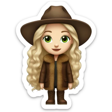 Realistic White girl with Long straight blonde hair, green eyes, tattoos, full body wearing Brown fur coat and fur hat and Brown leather boots sticker