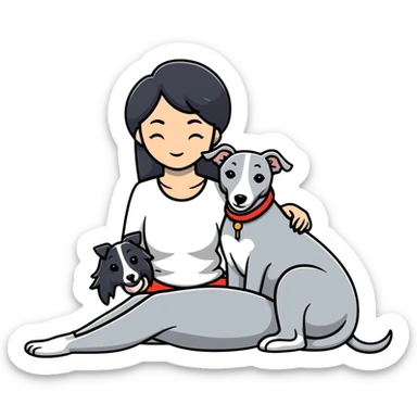 Very thin Chinese woman with long black hair relaxing in a luxurious hotel suite with exactly ONE whippet dog. EXTREME IMPORTANCE: the whippet must be ONE SOLID MEDIUM GREY COLOR (not too dark, not too light) from nose to tail with ABSOLUTELY NO WHITE MARKINGS anywhere - NO white on face, NO white on muzzle, NO white on chest, NO white on paws, NO white on tail - NOTHING BUT A SINGLE SHADE OF MEDIUM GREY throughout the entire animal sticker