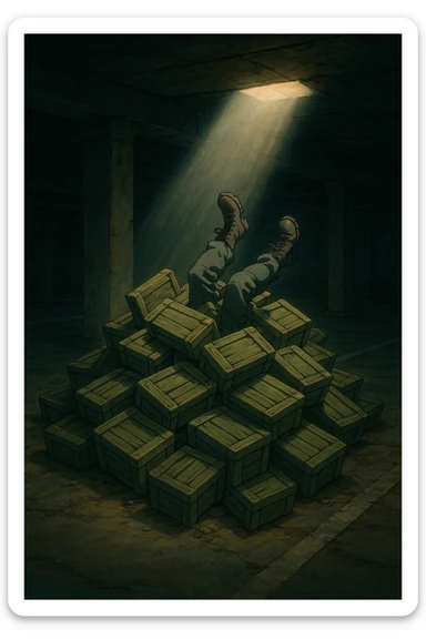 A pile of small oblong crates hidden in a parking structure with a beam of light shining from above, with someone’s boots sticking out like they dove in, tactical gear clothing  sticker