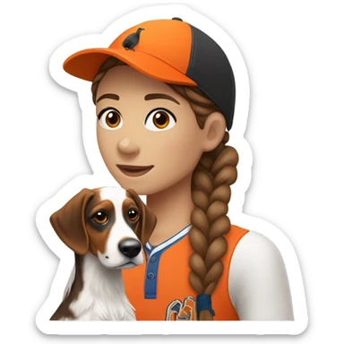 Brunette white human girl with braided pigtails in a bright orange baseball hat with a phesant on it with a tricolor English setter with a half black face sticker
