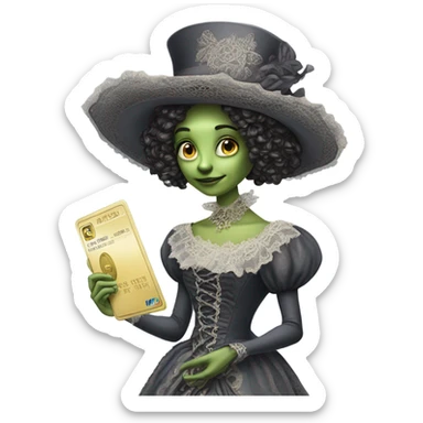 alien galora in Victorian dress elegant, full body, holding big credit card sticker
