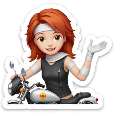an injured red head cheekily smiling on a morotcycle sticker