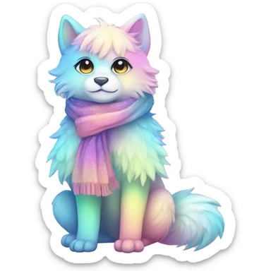 Edgy Kawaii cute cool gorgeous colorful sparkly bright light pastel gradient fantasy ethereal fluffy fursona animal creature with a cute scarf full body sticker