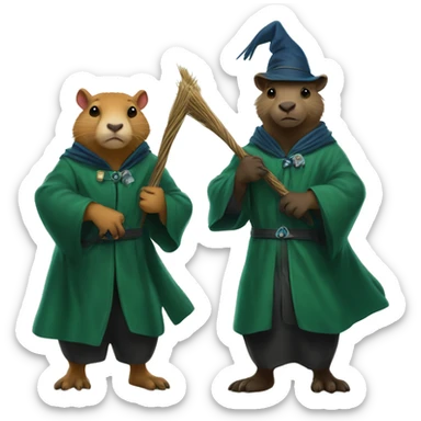 2 capybaras. both wizards. one is wearing a slytherin robe and the other has a ravenclaw robe. they are both holding broomsticks! sticker