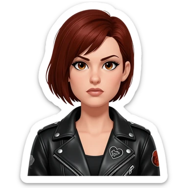 A female Harley rider with short mahogany-coloured hair, dressed in biker gear, with a heart. Slightly shorter hair and a tougher look sticker