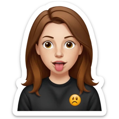 A 38 year old white woman with long brunette hair parted in the middle. She has her nose pierced. Her nose is medium sized. She has brown eyes. She has freckles and is wearing a black sweatshirt and is sticking out her tongue. sticker