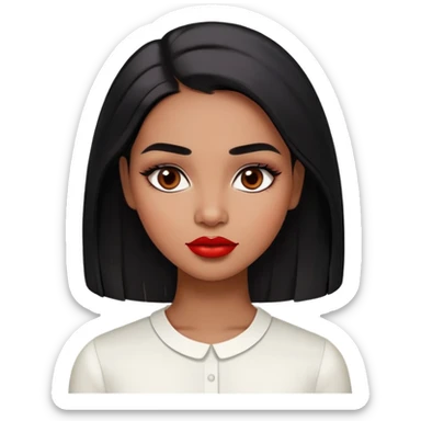 Young woman with medium to dark brown skin, oval face, high cheekbones, dark brown eyes, thick eyebrows, red lipstick, long straight black hair, wearing a white blouse sticker